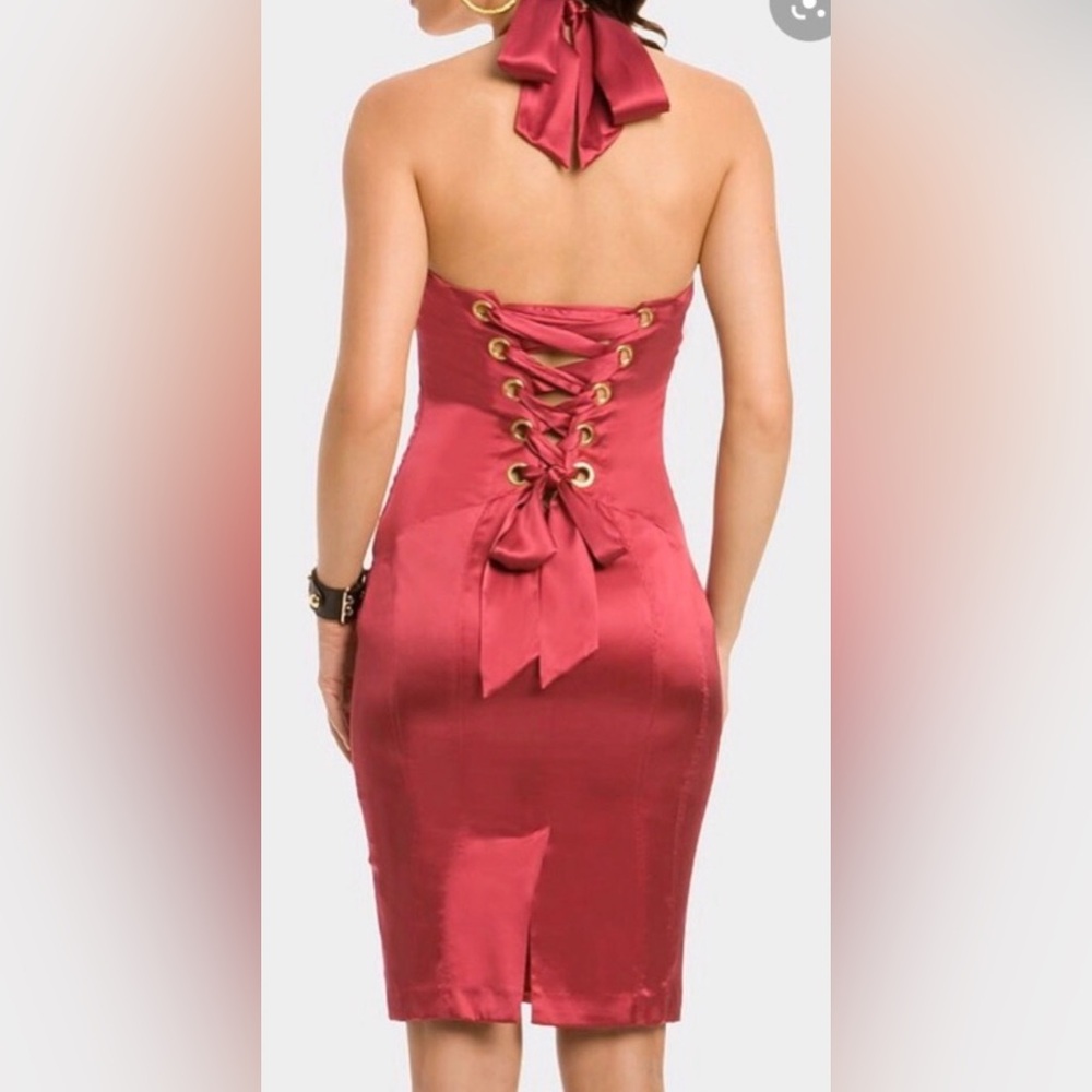 Marciano Red Satin Corset Lace-Up Back Dress Y2K Bodycon Vintage